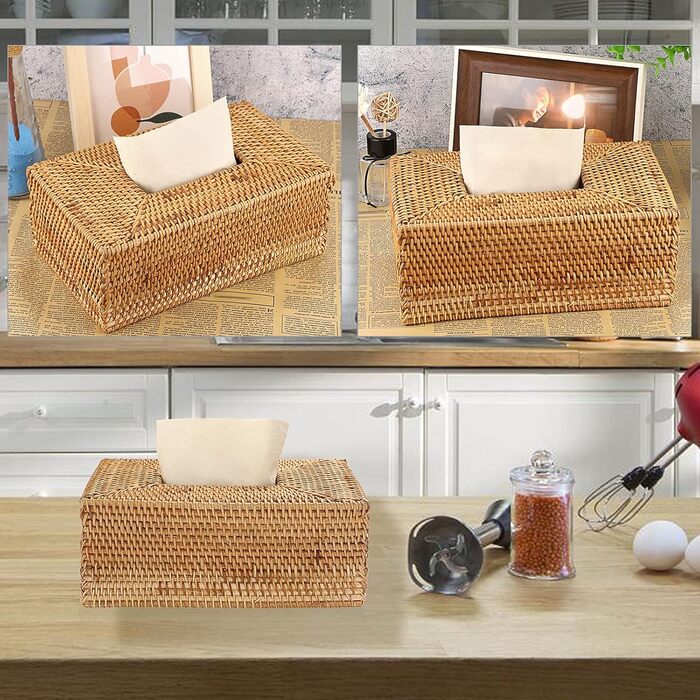 BSTKEY Rectangular Rattan Woven Paper Cover, Decorative Tissue Holder, Napkin Dispenser, Organizer, Face Towel Box for Home and Office