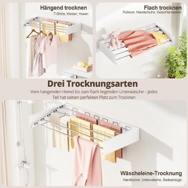 Настінна розкладна сушарка для білизни, компактна сушарка для рушників, висувна з шаблоном для свердління (6 сушарок, білий, 100 см), білий (білий, 80 см)