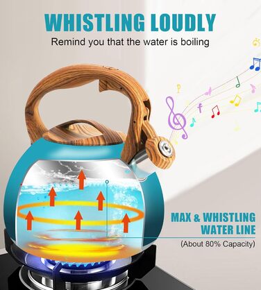 Чайник-свисток Foedo 3.2 л з нержавіючої сталі з дерев'яною текстурою, 3.2 л, для чаю, кави та молока, класичний дизайн, червоний (градієнт темно-зеленого кольору)