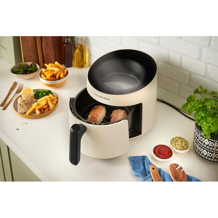 Russell Hobbs Hot Air Fryer 5L [10 Programs | with Viewing Window] AirFryer (Oil-free Frying, Frying, Grilling, Roasting, Baking, max 200°C, Dishwasher Safe, Cream) SatisFry Panoramic 27421-56