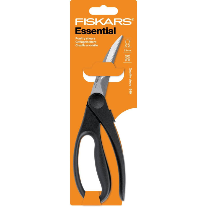 Кухонні ножиці для птиці Fiskars Essential, вигнуті леза, 23 см, нержавіюча сталь, для правої та лівої руки, чорні/сріблясті