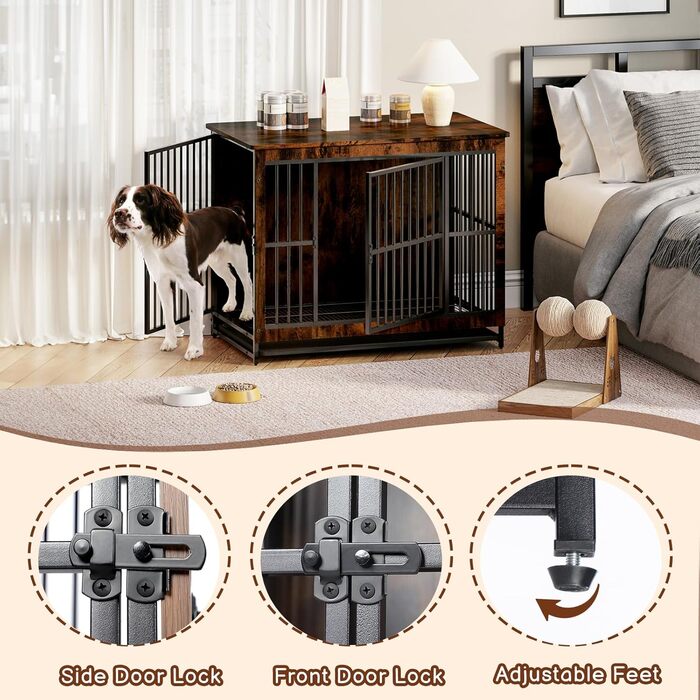 Дерев'яний вольєр для собак з двома дверцятами, міцний вольєр-будка для великих, середніх та малих собак, знімний піддон, 97.5 x 97.5x59x77.5 см