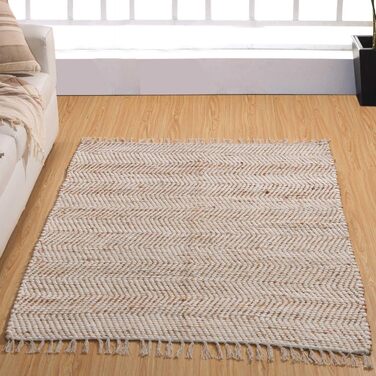 Homescapes Horizon Rug, handwoven from 100% hemp, 160 x 230cm, patchwork rug with herringbone pattern and fringe, cream natural 160 x 230 cm