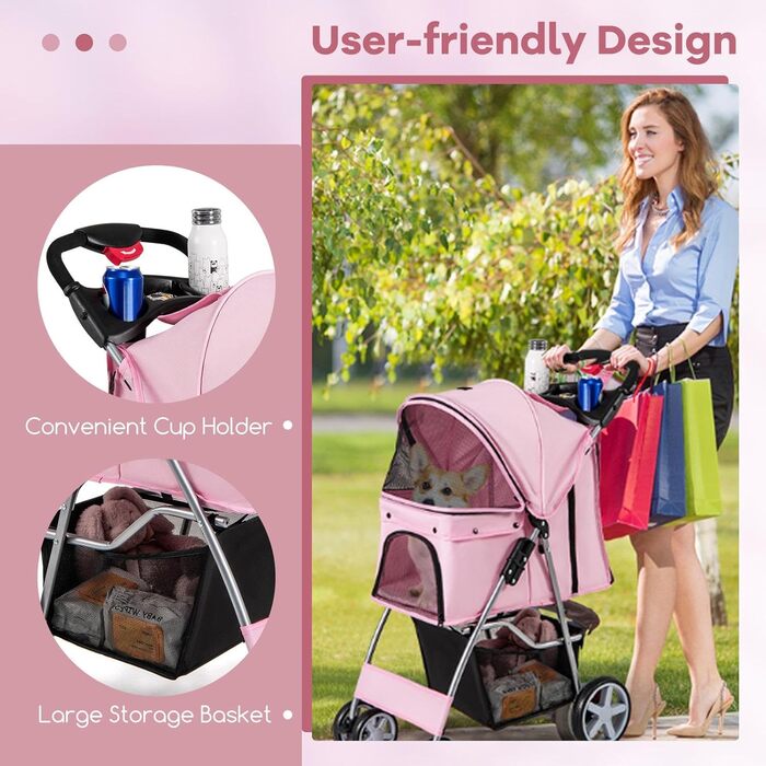 Собачий візок SOARS для тварин до 15 кг, розкладний, з сітковими віконцями, тримачем для напоїв та кошиком для зберігання, для маленьких тварин (Рожевий)
