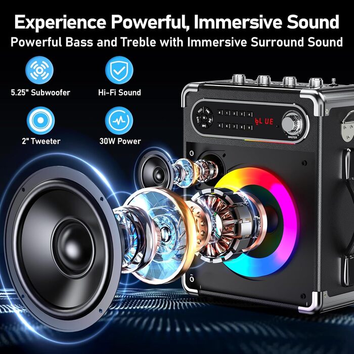 Караоке-машина JYX з 2 UHF-мікрофонами, Bluetooth-колонка з регулюванням басів/високих частот, пульт дистанційного керування та LED-підсвічуванням, підтримка TF-карт/USB, AUX IN, FM, REC, чорний колір