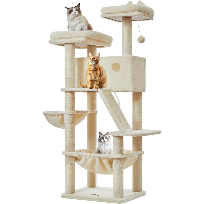 Дерев'яний кігтеточки для котів Taoqimiao MS026W, великий, бежевий (146 см) з 2 будиночками, гамаком та 8 стовпчиками для заточування кігтів