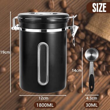 Контейнер для кави Royouzi, 1.8л, нержавіюча сталь, з ложкою, вакуумний, чорний