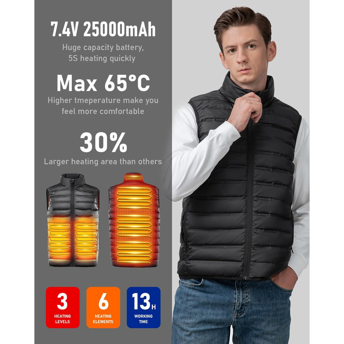 Обогревна жилетка з підключенням Powerbank, чоловіча/жіноча, 6 зон нагріву, 3 режими, для катання на мотоциклі, лижах, на вулиці, XL, чорна (з акумулятором 25000mAh)