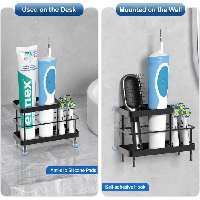 Тримач для зубних щіток Luxspire, електричний, нержавіюча сталь, настінний, без свердління, з дренажними отворами, органайзер для пасти, 6 відсіків (матова чорна)