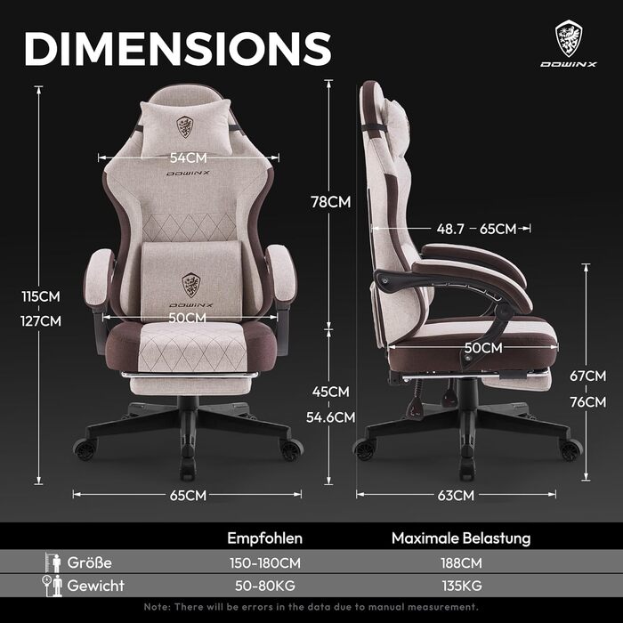 Ігровий крісло Dowinx з тканиною та пружинним сидінням, масажною підтримкою попереку, підніжкою для ніг, ергономічний дизайн, велике та високе, для офісу та ігор, 135 кг, коричневий