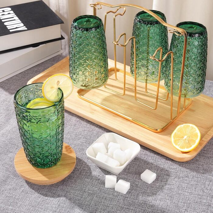 Joeyan 380ml Green Drinking Glasses with Embossed Design, Water Glasses Dishwasher Safe, Long Drink Glasses Set of 4