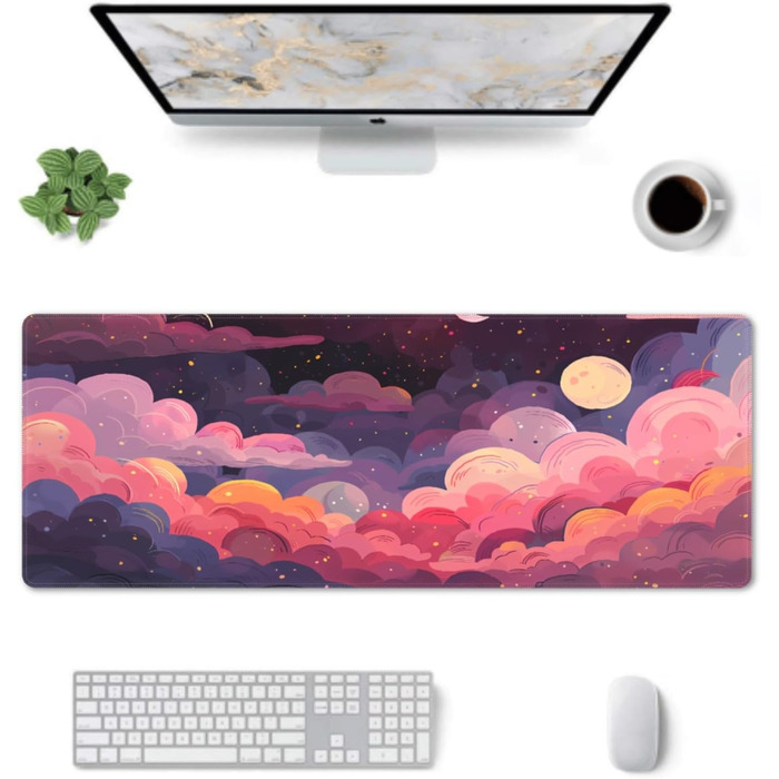 Килимок для миші Japanisches Mauspad, 90 x 40 см, стиль Аніме, дизайн Арт, великий ігровий килимок, для клавіатури та столу, антиковзаюча гумова основа, прошиті краї, для дому та офісу (X-Large, Рожевий, Фіолетовий, Хмара)