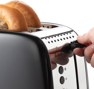 Тостер Russell Hobbs Colours Plus на 2 тости, нержавіюча сталь, чорний, з широкими відділеннями, підставкою для булочок, 6 режимів підсмажування, функцією розморожування, Lift & Look, 1600 Вт (26550-56)