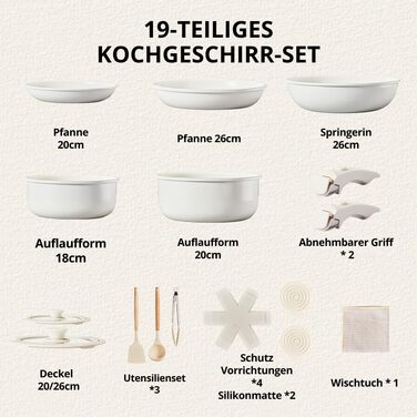 Набір каструль LEADZM з керамічним покриттям (22 шт.) - сумісний з усіма плитами, без PFOA/PFOS, бежевий