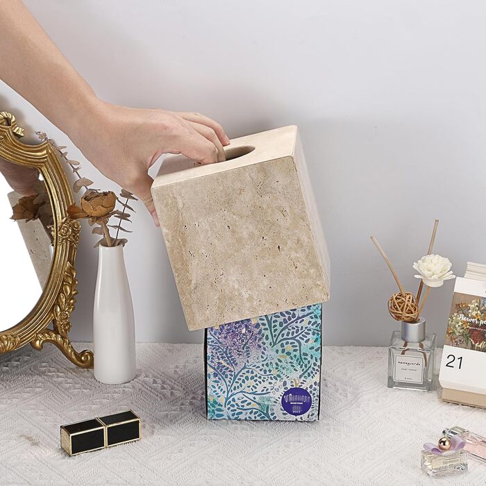 SUMNACON Travertine Tissue Box Cover Square, Tissue Cube Boxes for Home, Toilet Paper Holder Paper Holder Paper Napkin Box for Living Room Dining Room Office Hotel Restaurant Square