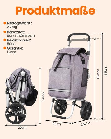 Складаний візок для покупок Homecall 50л з охолодженням, 3 в 1: візок, сумка, таскач, з принтом Geometrie, стандартні колеса