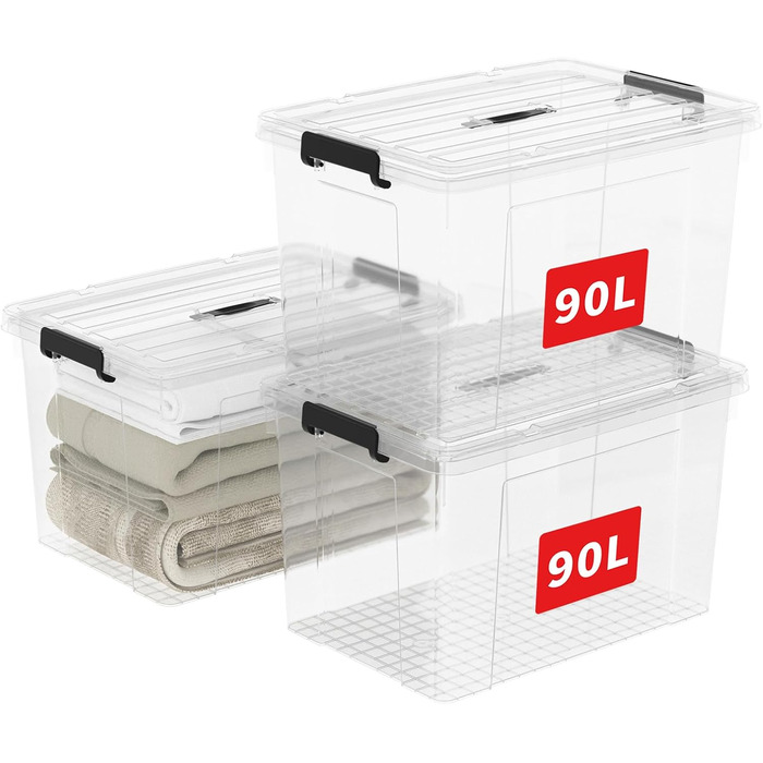 Cetomo 90L*3 Storage Boxes, Portable Plastic Boxes with Lids, Organizer Containers with Handles and Clips, Stackable, Nestable, for Home and Office, Transparent, 90L - 3 Pack
