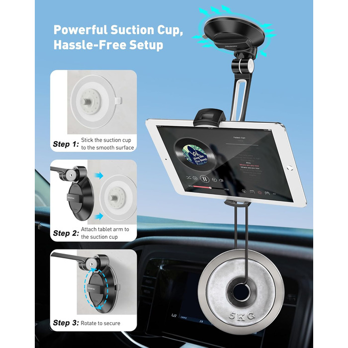 Підставка для планшету та смартфона AboveTEK з присоском – регульована 360° для iPad/смартфонів (4–11 дюймів), авто/стіна/офіс (чорний)