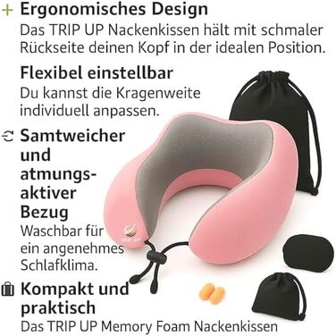 Подушка для шиї Trip Up з Memory Foam - для подорожей (літак, авто) - ергономічна, м'яка, дихаюча, регульована, чорна (Bubblegum Pink)