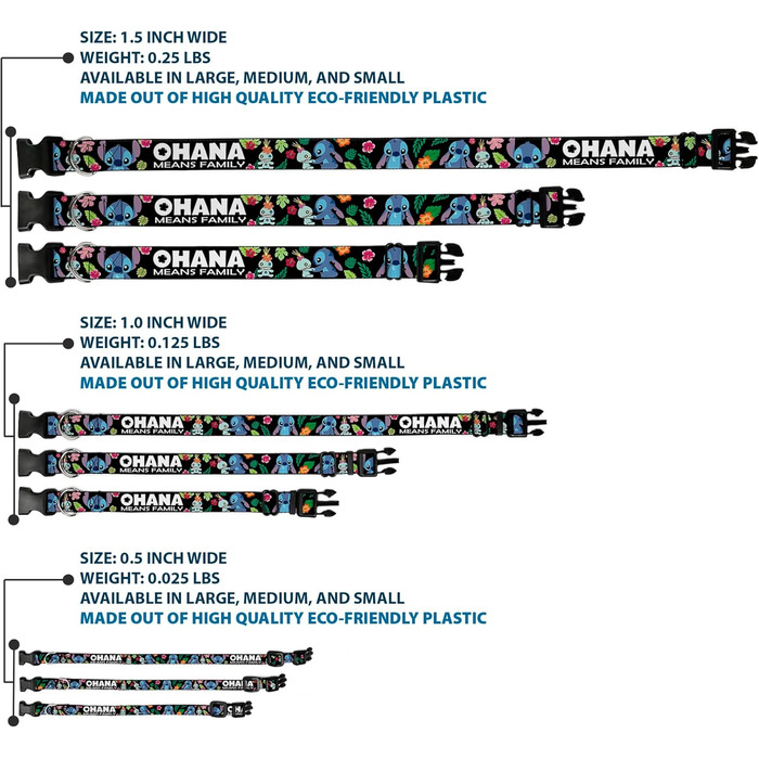 Нашийник Buckle-Down з пластиковим кліпом - Ohana Means Family/Stitch & Scrump Poses/Тропічні квіти. Чорний/Білий/Багато кольорів. Ширина 2.5 см. Підходить для шиї 38-66 см. Великий