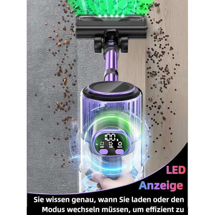 Бездротовий акумуляторний пилосос 45000 Па/500 Вт/45 хв з LED-дисплеєм та щіткою проти намотування, висувний шланг 73 см для твердих поверхонь, килимів, шерсті тварин, фіолетовий