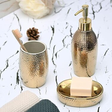 Набір дозатора мила Gold, 3 шт. Керамічний аксесуар для ванної кімнати: дозатор мила, мильниця та стакан для зубних щіток, розкішний дизайн для ванної та гостьового WC