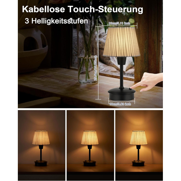 Акумуляторна настільна лампа: портативна, бездротова з димером, для дому та саду, з абажуром з льону, антична металева біла, з смугастим абажуром (чорно-білий)