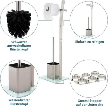 Набір для ванної кімнати WC-Garnitur з тримачем для туалетного паперу, хромований, без свердління, нержавіюча сталь, скляний підстав, 32x20x70 см, легка установка, 1 та 2 змінні щітки для унітазу