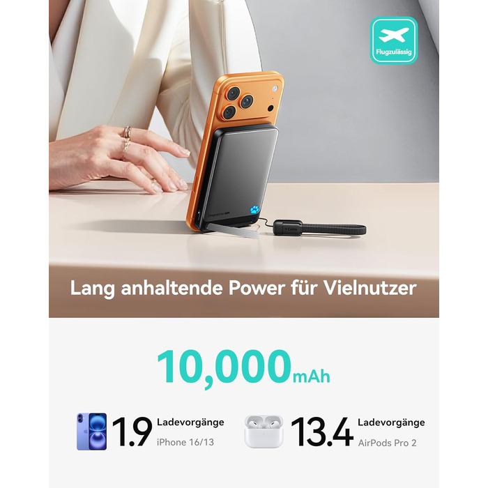 INIU Power Bank Magsafe 10000mAh 45W Qi2, чорний. З кабелем USB-C та підставкою, для iPhone 17/16/15/14/13