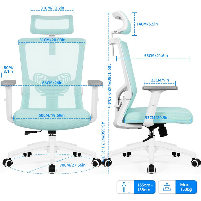 Ергономічне крісло Daccormax для офісу: регульована підголовник, підлокітники, підтримка попереку, поворотний механізм, функція гойдання, сітчасте крісло, турбота про спину, 150 кг (Турквіс)