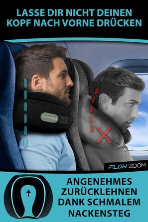Подушка для шиї FLOWZOOM Comfy для подорожей: регульована, з memory foam, для автомобіля та літака, 360° підтримка, дихаючий чохол, з транспортним мішечком, сіра (Dream - чорна)