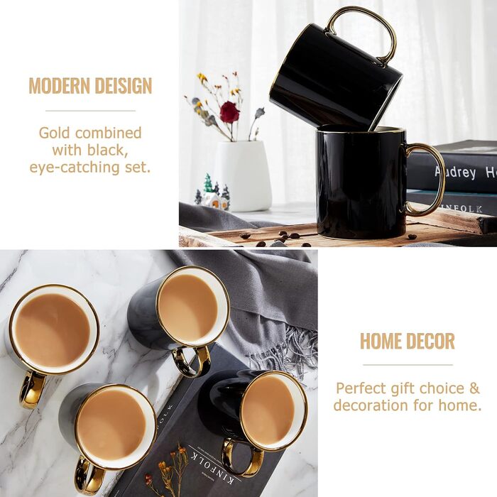 DUJUST Black Coffee Cup Set of 4 (470ml), modern and stylish design with handcrafted gold trim, black and gold cup for coffee, beautiful and elegant top-grade porcelain mugs