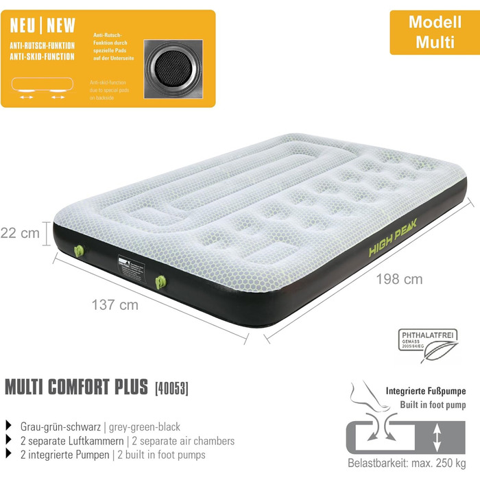 Надувний матрац High Peak Comfort Plus для кемпінгу та гостей з насосом (198 x 137 x 22 см)