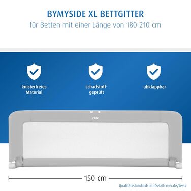 Захисний бортик Reer ByMySide для дитячого ліжечка, 150x50 см, сірий, для ліжок 180-210 см