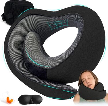 Подушка для шиї Dreamjoys Neppy - для подорожей літаком, авто, поїздом (Memory Foam, чорний)