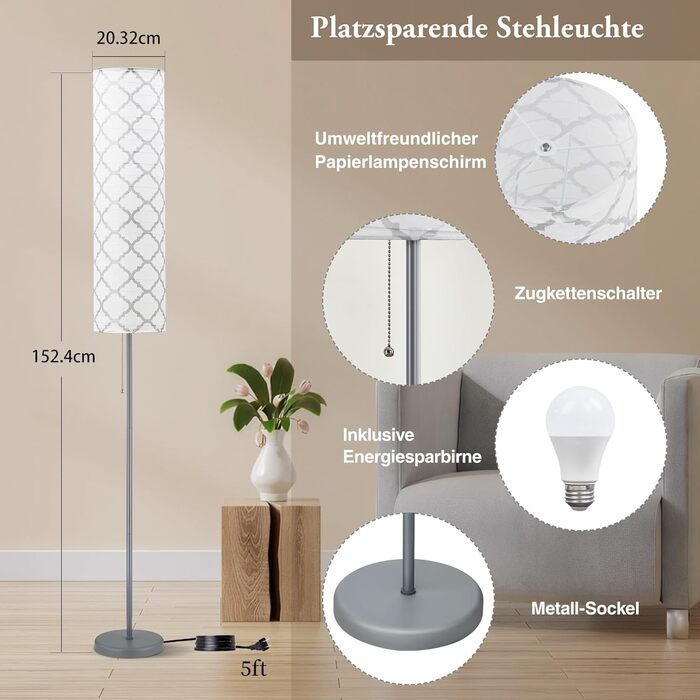 Стійка лампа GyroVu для вітальні, 65” висота, лампа для спальні з паперовим абажуром, 3 колірні температури, срібна (з лампочкою)