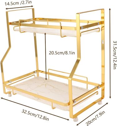 Wall-mounted bathroom shelf with 2 tiers, desk storage shelf for bedroom, kitchen, living room, bathroom, countertop, Nizer for enhanced Nizer and space-saving, gold