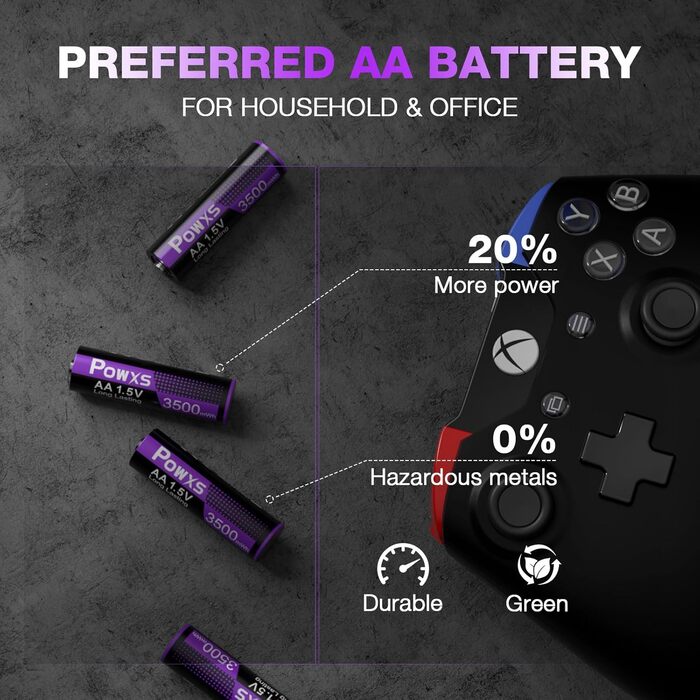 POWXS 8 x AA 3500mAh літієві акумулятори з 8-портовим швидким зарядним пристроєм з LCD-дисплеєм | Швидка зарядка та стабільна напруга 1.5V | Для геймпадів, LED-ліхтарів, пульт дистанційного керування