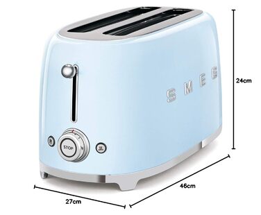 Тостер Smeg TSF02PBEU - 2 слоти для 4 тости, 6 рівнів підсмажування, функція підігріву, розморожування та приготування багелів, знімний піддон, 1500W, пастельно-блакитний