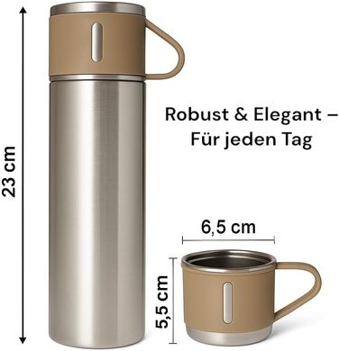 Термос 500 мл з нержавіючої сталі – 2 чашки з ручками – без витоку, BPA-free – з щіткою для чищення – колір: сріблястий