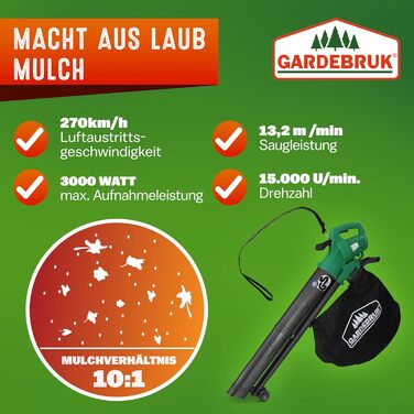 GARDEBRUK® Electric Leaf Blower 3-in-1 3000W Shoulder Strap 270km/h Wheels 45L Collection Bag Leaf Blower Shredder Garden Vacuum Green