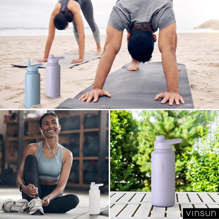 Stainless steel water bottle, purple, 1L - Straw, drinking spout - leak-proof, carbonated beverage compatible, BPA-free - Thermos bottle, sports, outdoor, school, university, bicycle, hiking, gym
