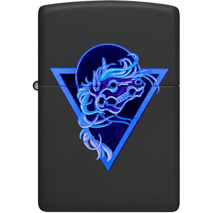 Запальничка Zippo з черепом коня, чорний матовий корпус, ефект Black Light, заправна, вітростійка, подарункова коробка, США