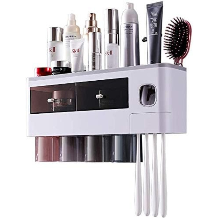 Automatic Toothpaste Dispenser Wall-Mounted with Space-Saving Toothbrush Holder for Bathroom, 2 Transparent Magnetic Cups, 6 Toothbrush Slots, 1 Cosmetic Organizer Drawer (Gray-4 Cups)