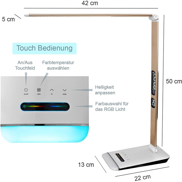 LED лампа Eaxus® для робочого столу 12 Вт з RGB підсвічуванням - регульована настільна лампа 500 lm, сенсорне управління, годинник, календар та індикатор температури, офісна лампа, аксесуари для столу, мідного кольору