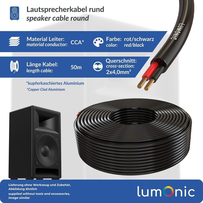 Акустичний кабель Lumonic 25м чорний 2xCCA HiFi для колонок, професійний аудіо кабель 4мм²