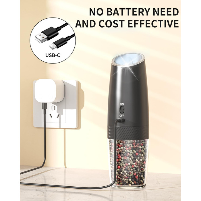 CIRCLE JOY електричний набір млинків для солі та перцю з USB зарядкою, автоматичний, гравітаційний, біле LED-підсвічування, регульований помел, 135 мл, чорний/білий