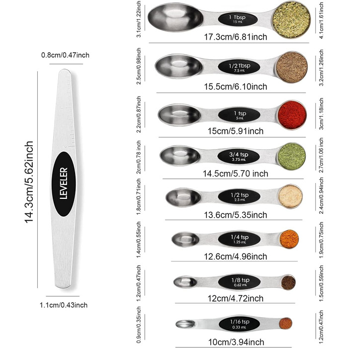 Magnetic Measuring Spoon Set, Stainless Steel with Leveler, 9-Piece, Stackable, Metal, Measuring Spoons for Baking, Measuring Cups and Spoons, Kitchen Gadgets, Home Accessories, Fits in Spice Jars