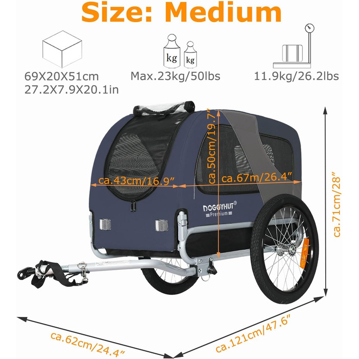 DOGGYHUT® Преміум велопричіп для собак середнього розміру, до 23 кг, синій, складання