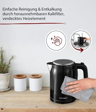 Електричний чайник Cloer 4511 з нержавіючої сталі, 2200 Вт, індикатор рівня води, захист від сухого кипіння та перегріву, 1 літр, чорний